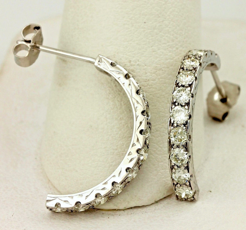 Platinum 1ctw round brilliant diamond half hoop huggie earrings vintage estate