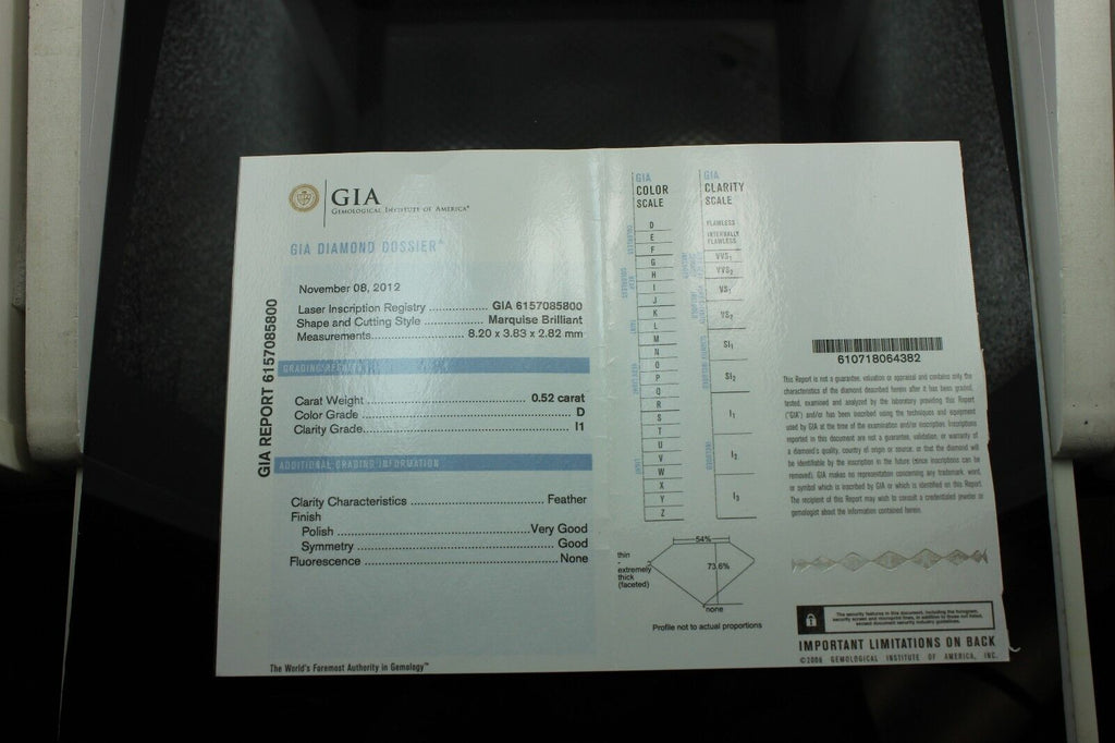 One loose natural diamond .52ct marquise brilliant GIA D I1 8.20x3.83x2.82mm