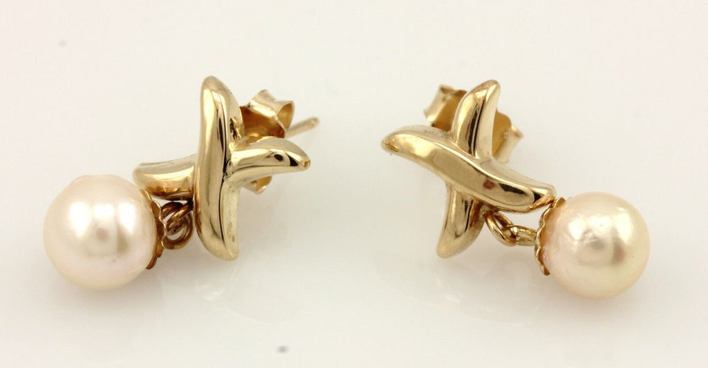 14k yellow gold X 28mm dangle earrings 6.3 - 6.6 mm round cultured pearls estate