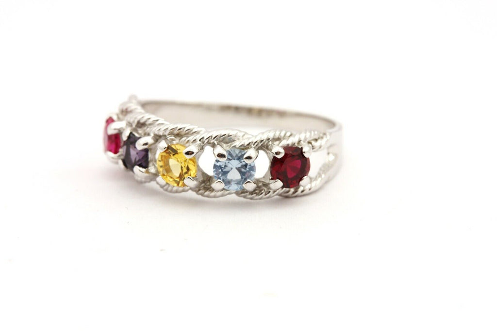 14k white gold 5 gemstone 1.11ctw braided Mother's ring band size 7.75 3.15g