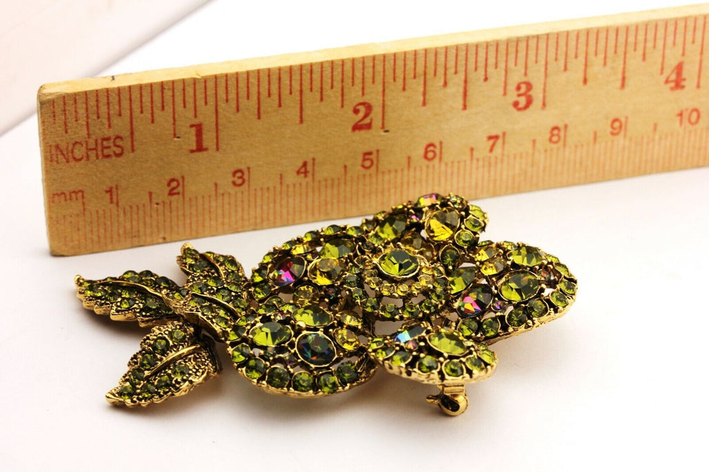 costume fashion green crystal rhinestone flower pin brooch 29.8g 3 inch vintage