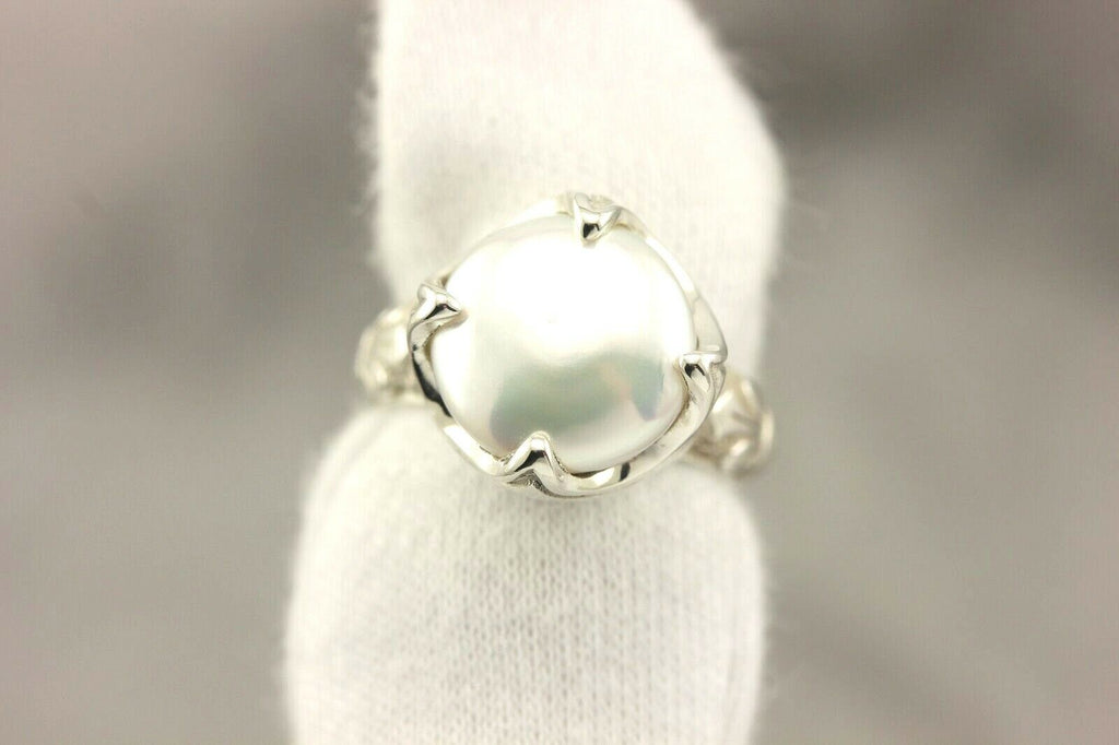 Ring sterling silver platinum alloy Pilver white button pearl fleur de lis NEW