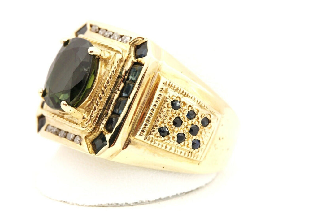 14k yellow gold oval green tourmaline blue sapphire diamond ring size 13 14.2g