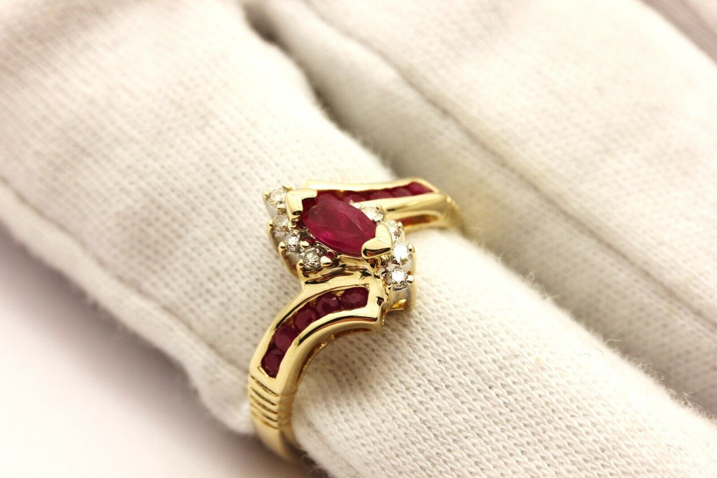 SUMAL 14k yellow gold red marquise ruby diamond 0.60ctw ring size 5 3.32g estate