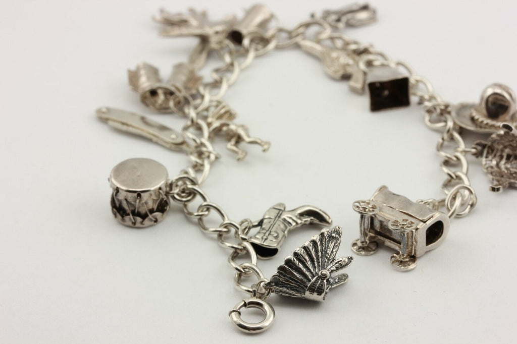 sterling silver charm bracelet cowboys native American southwest 32.5g 8 inch