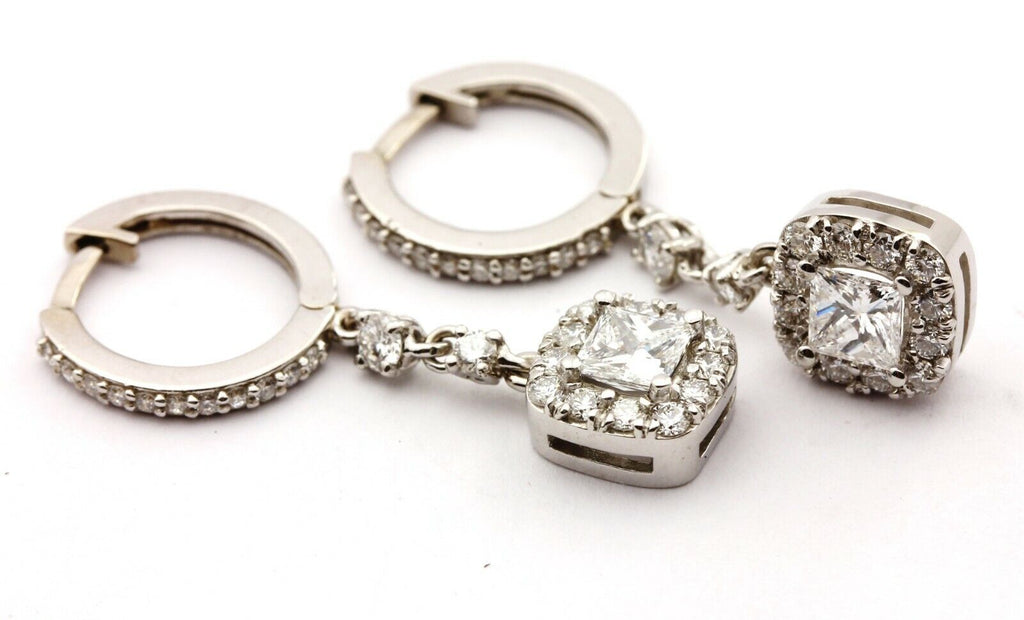 14k white gold 1.54ctw natural diamond dangle drop huggie hoop earrings 4.6g new