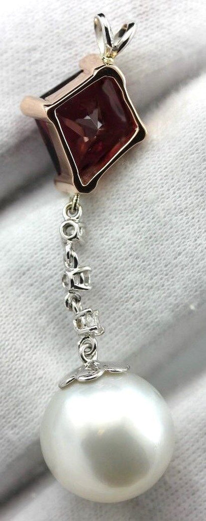 14k rose white gold red Spinel South Sea cultured pearl diamond dangle pendant