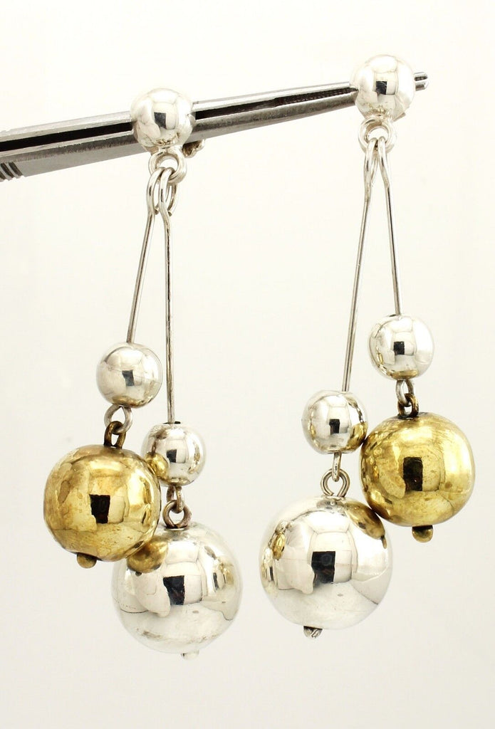 vintage estate silver brass balls dangle drop pierced earrings 2.75 inch 18.84g