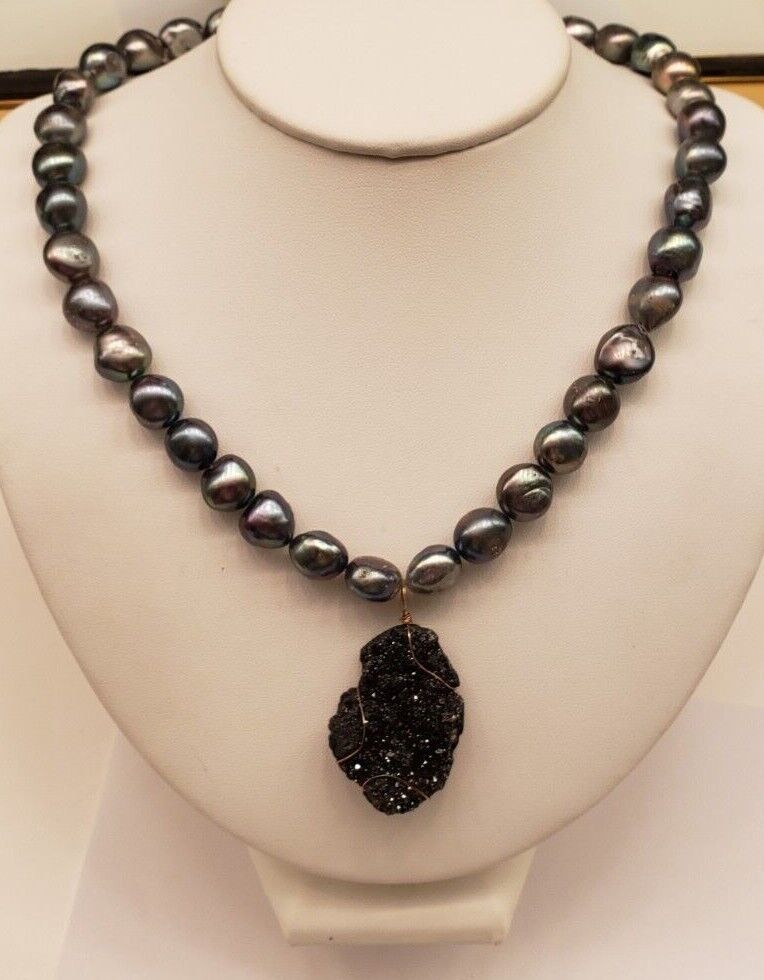 Black Baroque Pearl and Natural Geode Drusy pendant necklace, 19" 20" 21" 22"