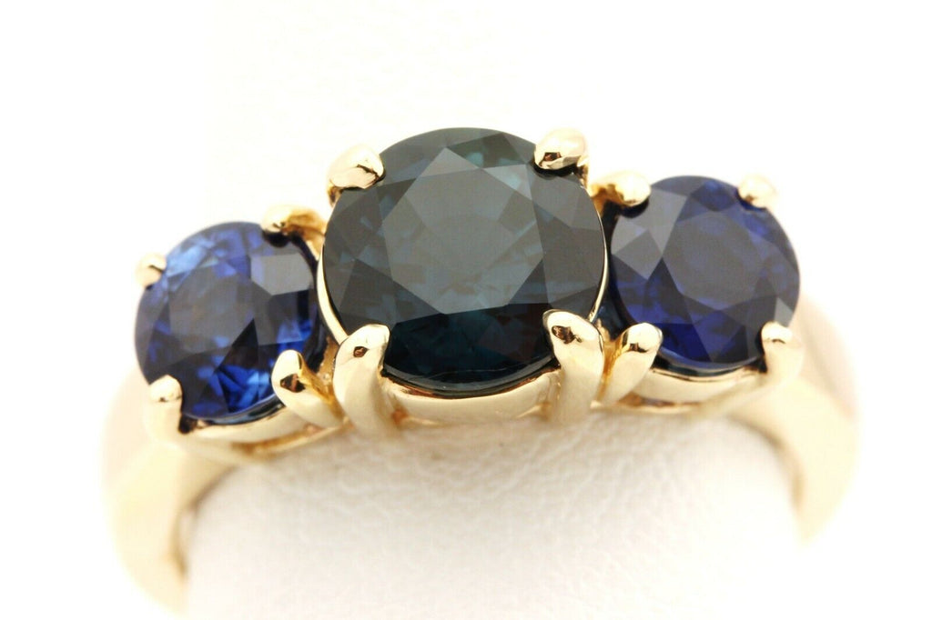 14k yellow gold 3.56ct round blue sapphire 3 stone ring size 6 5.43g estate