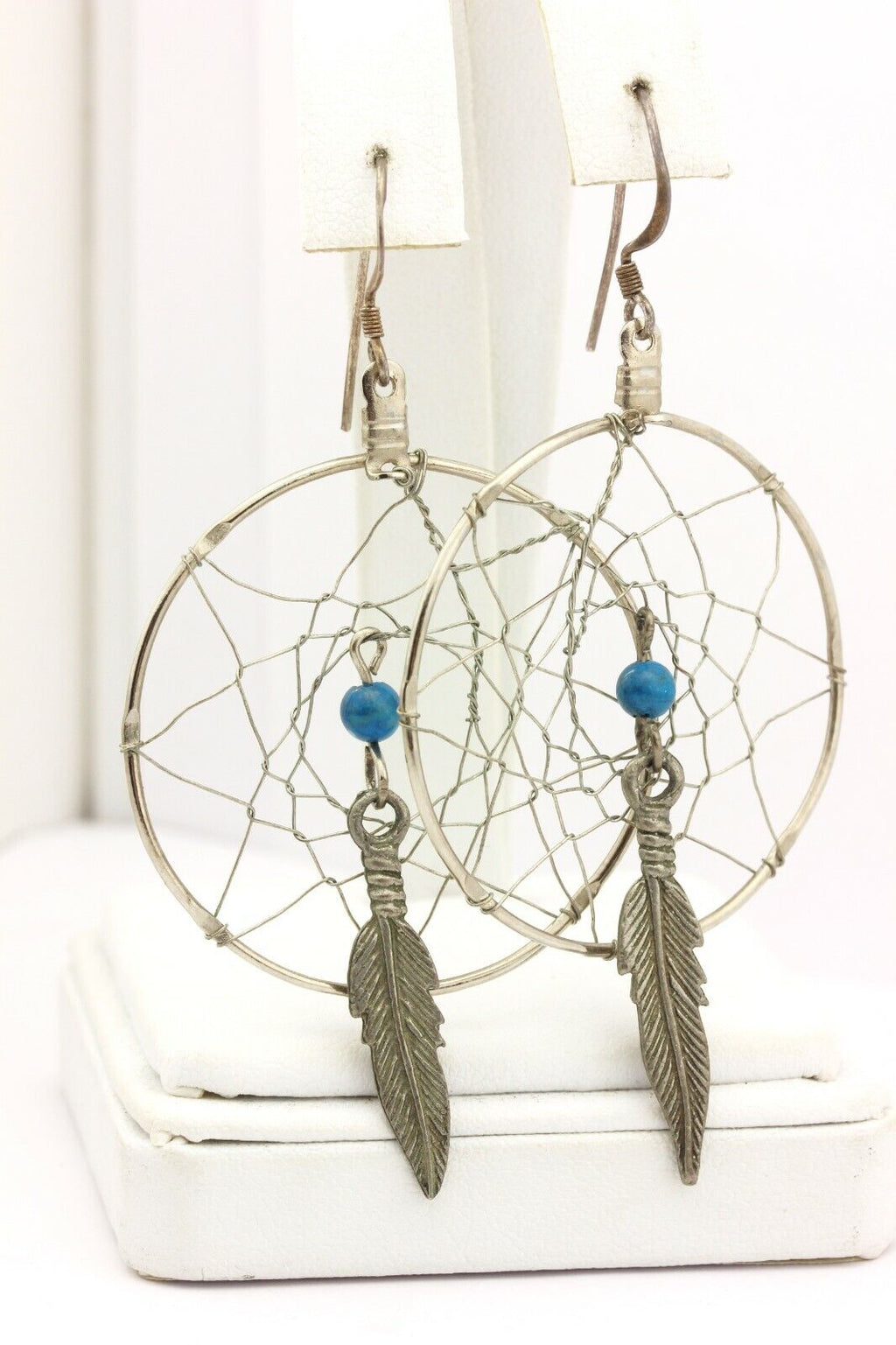 silver dream catcher hook earrings 3 inch drop dangle 4.82g vintage blue stone