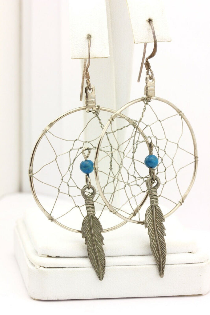 silver dream catcher hook earrings 3 inch drop dangle 4.82g vintage blue stone