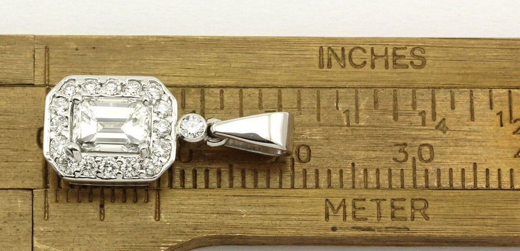 14k white gold 20mm drop halo pendant GIA emerald cut diamond ESTATE 1.15ctw