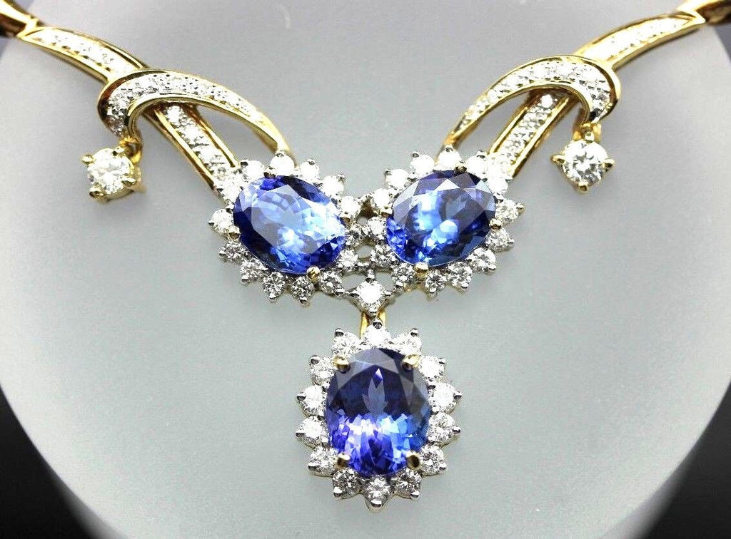 18k yellow gold 18 inch necklace 8 ctw oval Tanzanite 2 ctw round Diamond estate