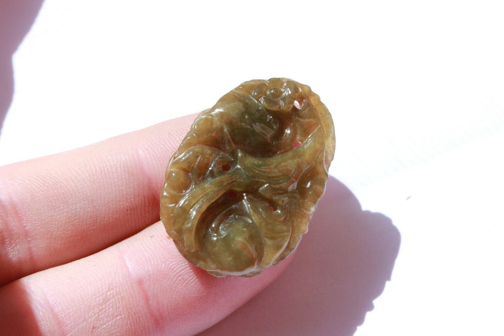 loose gem nephrite pendant carving peach jade floral 1960 28.36ct 32mmx22mm