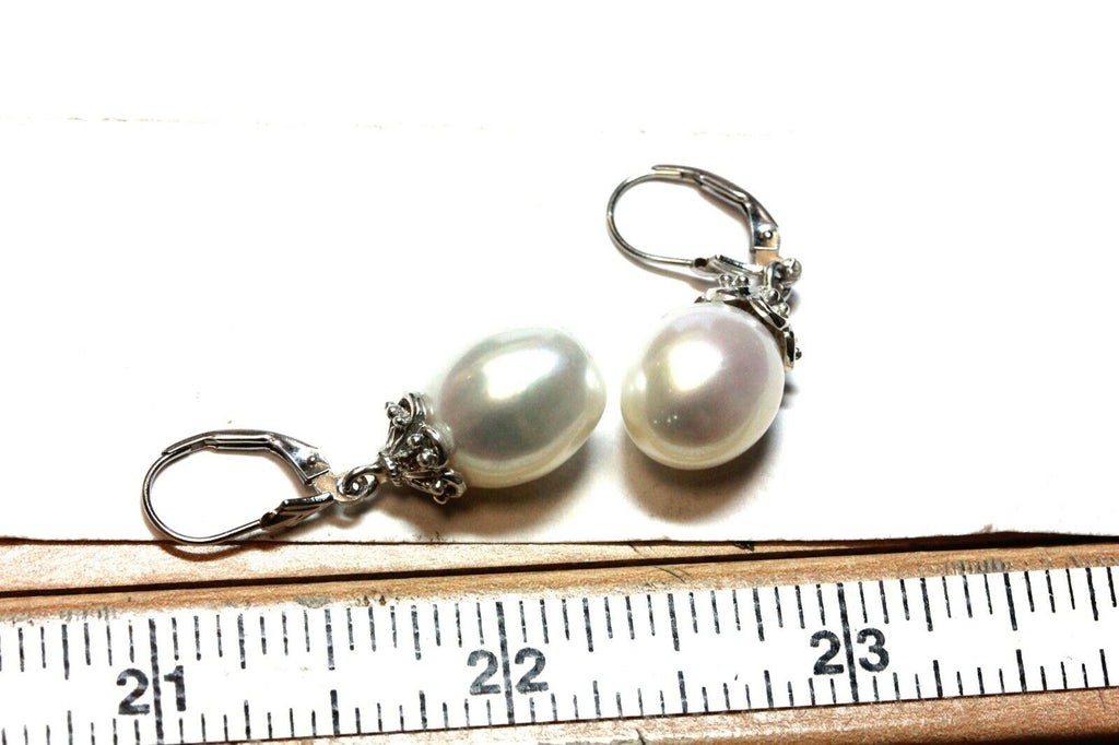 14k white gold 925 sterling silver 14mm drop freshwater pearl leverback earrings
