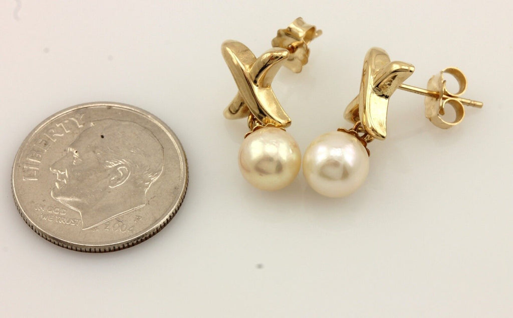 14k yellow gold X 28mm dangle earrings 6.3 - 6.6 mm round cultured pearls estate