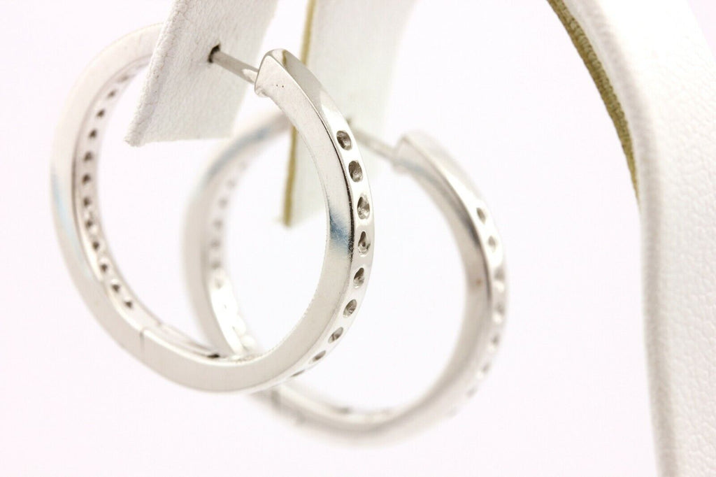 14k white gold 1.04ctw round diamond inside outside hoop earrings 2mm 1" estate