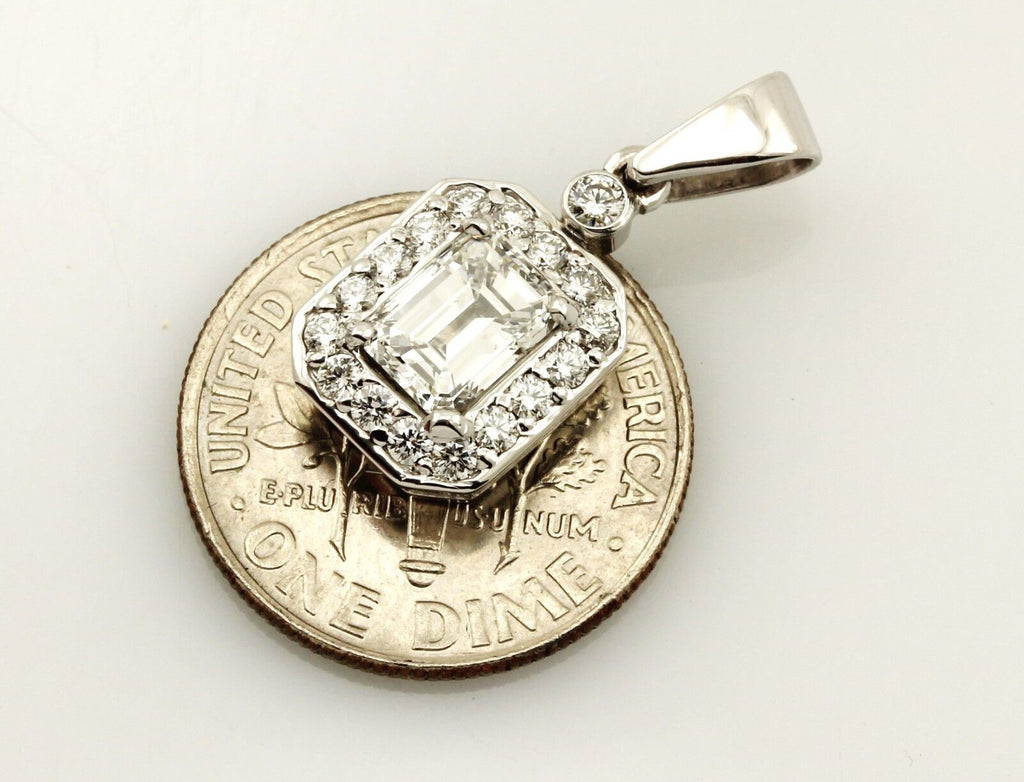 14k white gold 20mm drop halo pendant GIA emerald cut diamond ESTATE 1.15ctw
