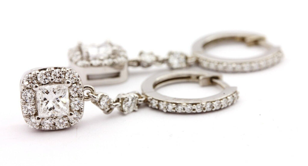14k white gold 1.54ctw natural diamond dangle drop huggie hoop earrings 4.6g new