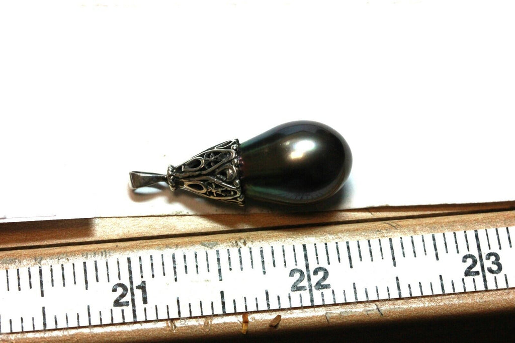 sterling silver pendant 19mm black Tahitian pearl tear drop dangle 5.51g