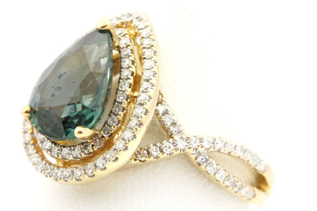 14k yellow gold blue sapphire pear double halo diamond ring size 7 4.40g new