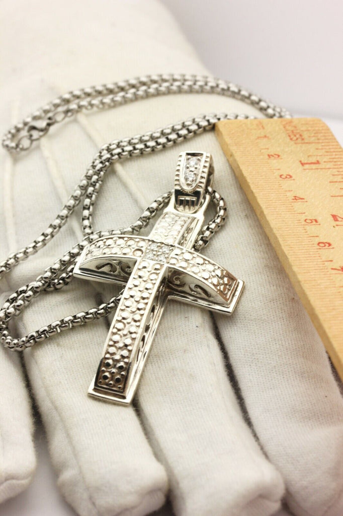 silver 0.30ctw diamond cross pendant 23 inch steel box chain lobster vintage