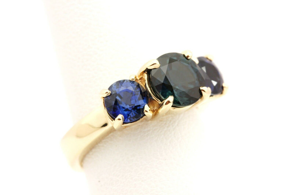 14k yellow gold 3.56ct round blue sapphire 3 stone ring size 6 5.43g estate