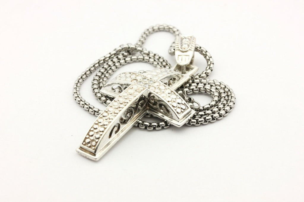 silver 0.30ctw diamond cross pendant 23 inch steel box chain lobster vintage