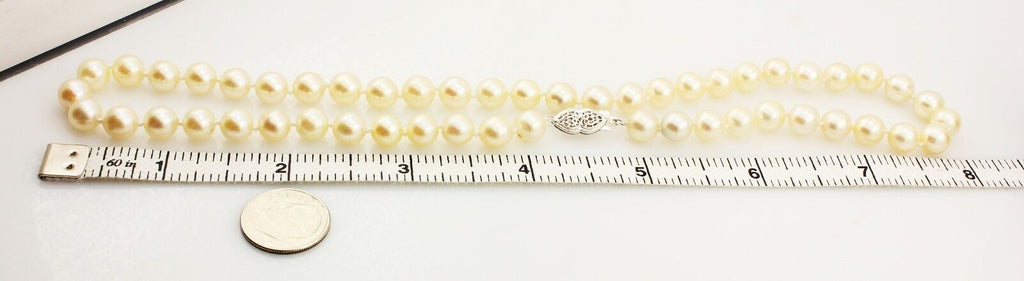 16" 7-7.5mm round cream cultured pearl necklace 14k white gold doubleheart clasp