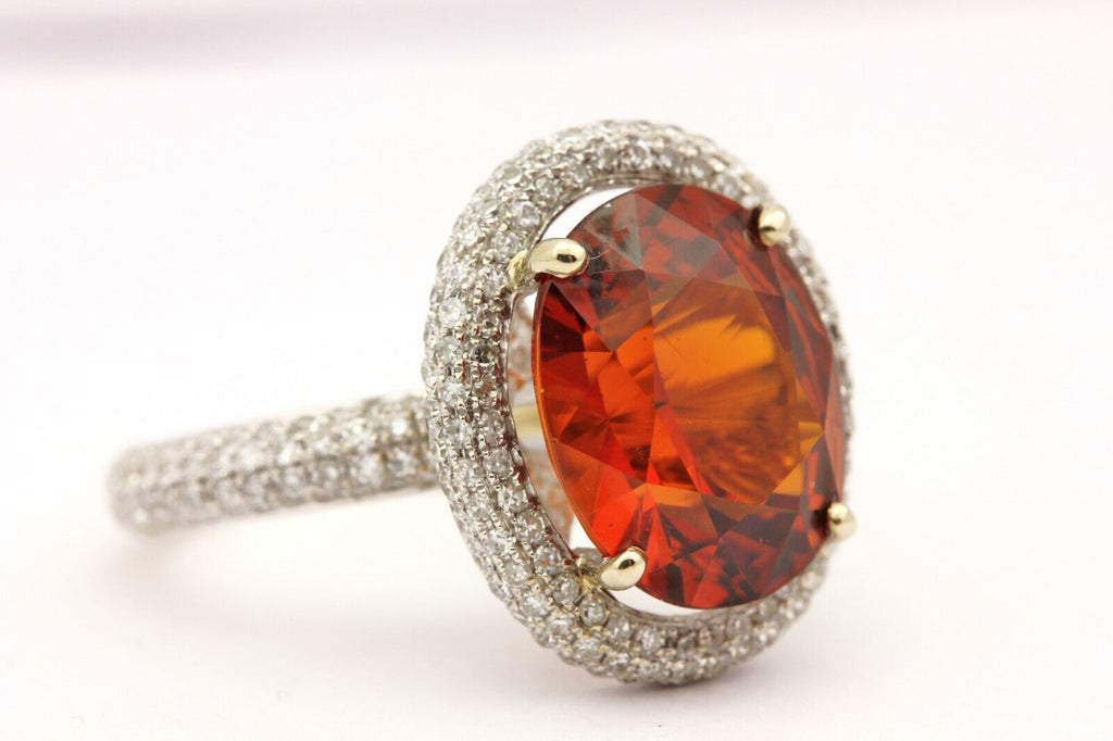 14k white gold orange spessartine garnet round diamond halo ring size 7 7.67g