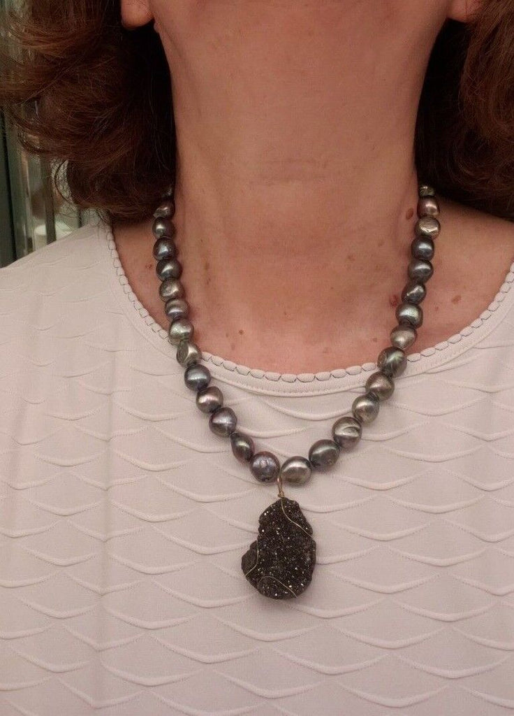 Black Baroque Pearl and Natural Geode Drusy pendant necklace, 19" 20" 21" 22"