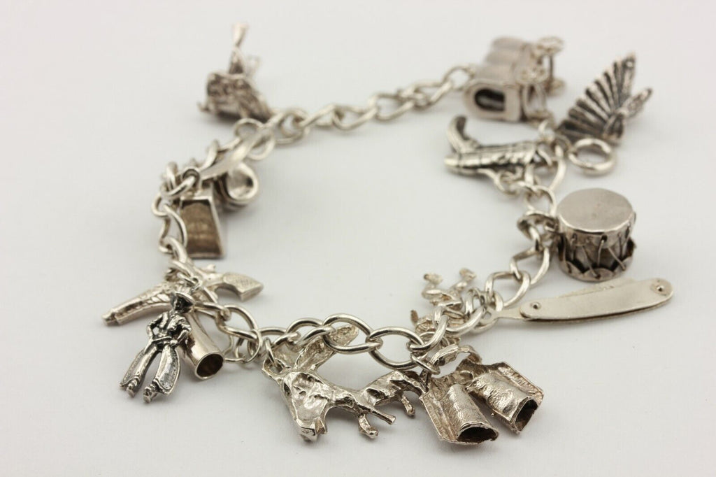 sterling silver charm bracelet cowboys native American southwest 32.5g 8 inch