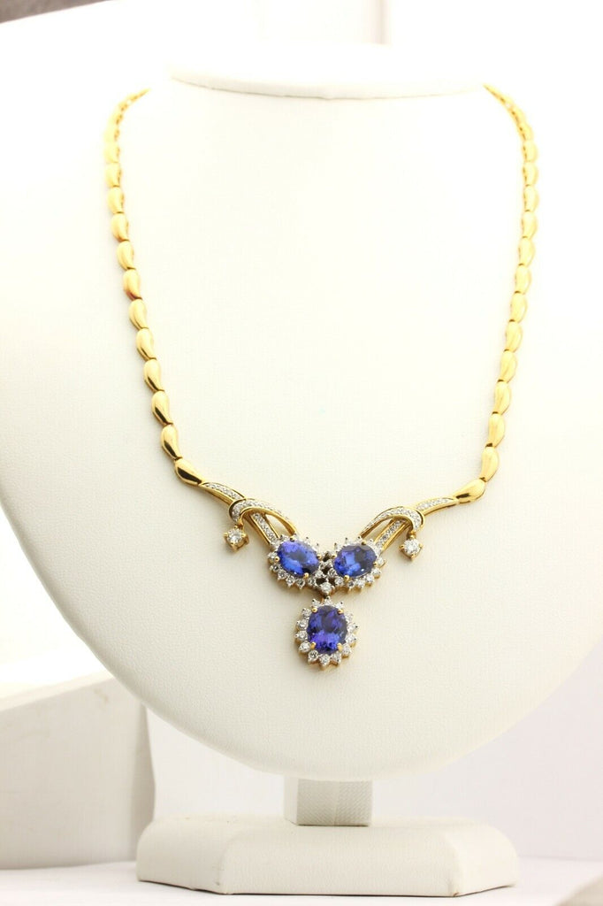 18k yellow gold 18 inch necklace 8 ctw oval Tanzanite 2 ctw round Diamond estate