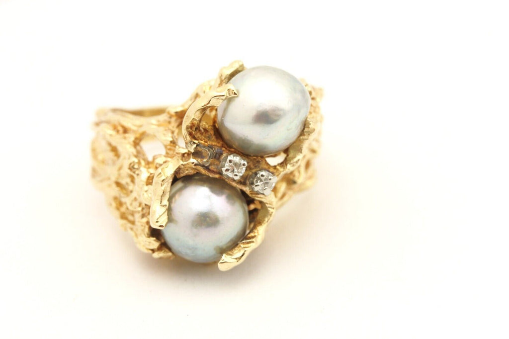 14k yellow gold tree ring 8.5mm pearl 0.06ctw diamond size 8 12.03g vintage