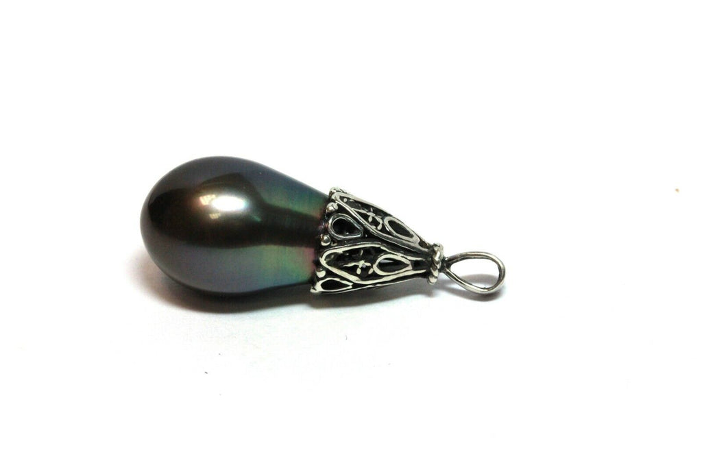 sterling silver pendant 19mm black Tahitian pearl tear drop dangle 5.51g