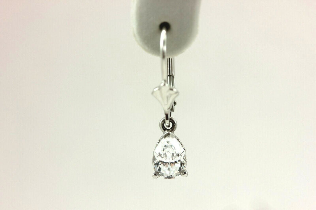 14k white gold 7.5mm CZ pear dangle earrings scroll fleur de lis leverback NEW