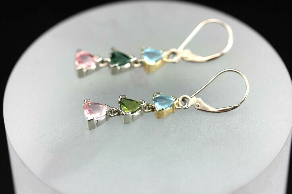 14k white gold dangle drop 1.5" earrings aquamarine tourmaline triangle NEW