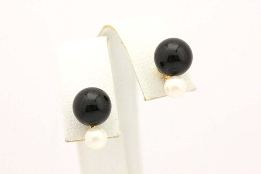 14k yellow gold 8mm black onyx white pearl stud earrings 2.2g estate vintage