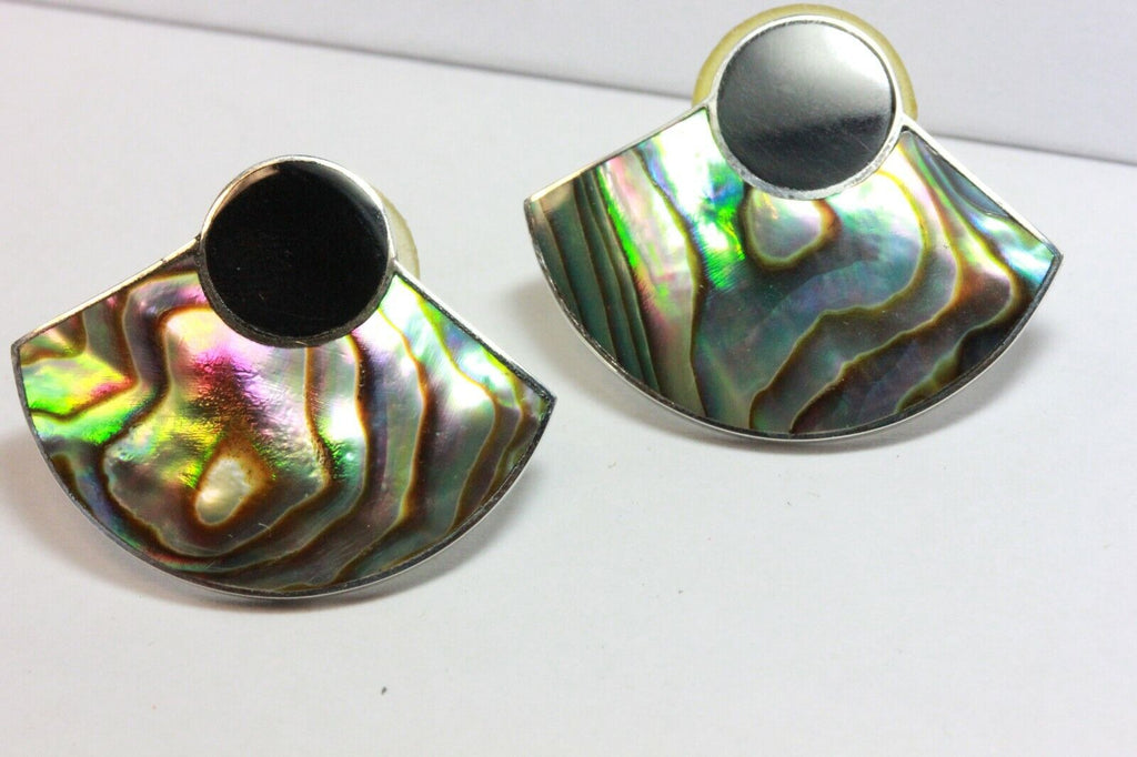 925 sterling silver abalone shell black onyx half moon stud earrings vintage 4g
