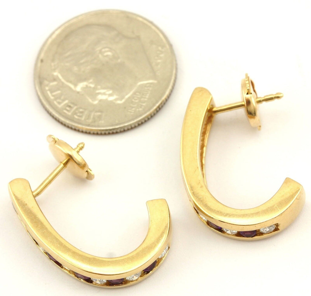 14k yellow gold round diamond amethyst 0.72ctw half-hoop huggie earrings estate