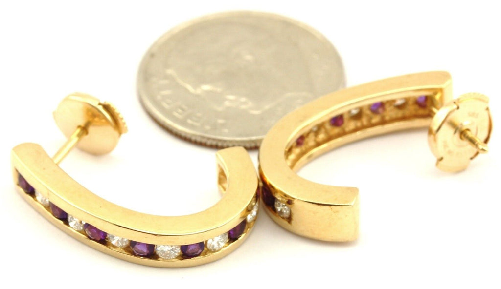 14k yellow gold round diamond amethyst 0.72ctw half-hoop huggie earrings estate