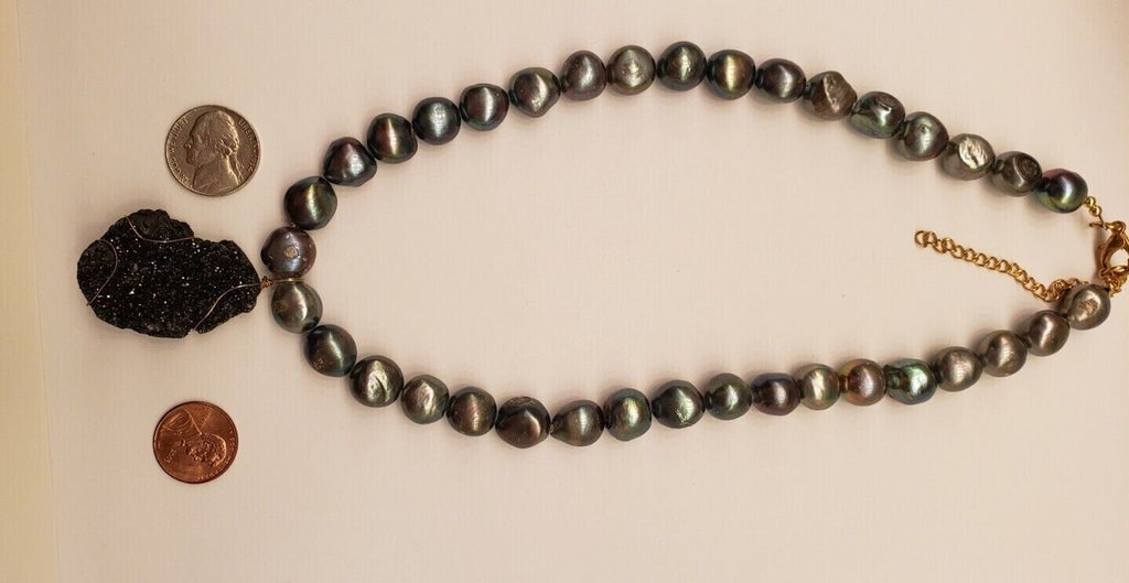 Black Baroque Pearl and Natural Geode Drusy pendant necklace, 19" 20" 21" 22"