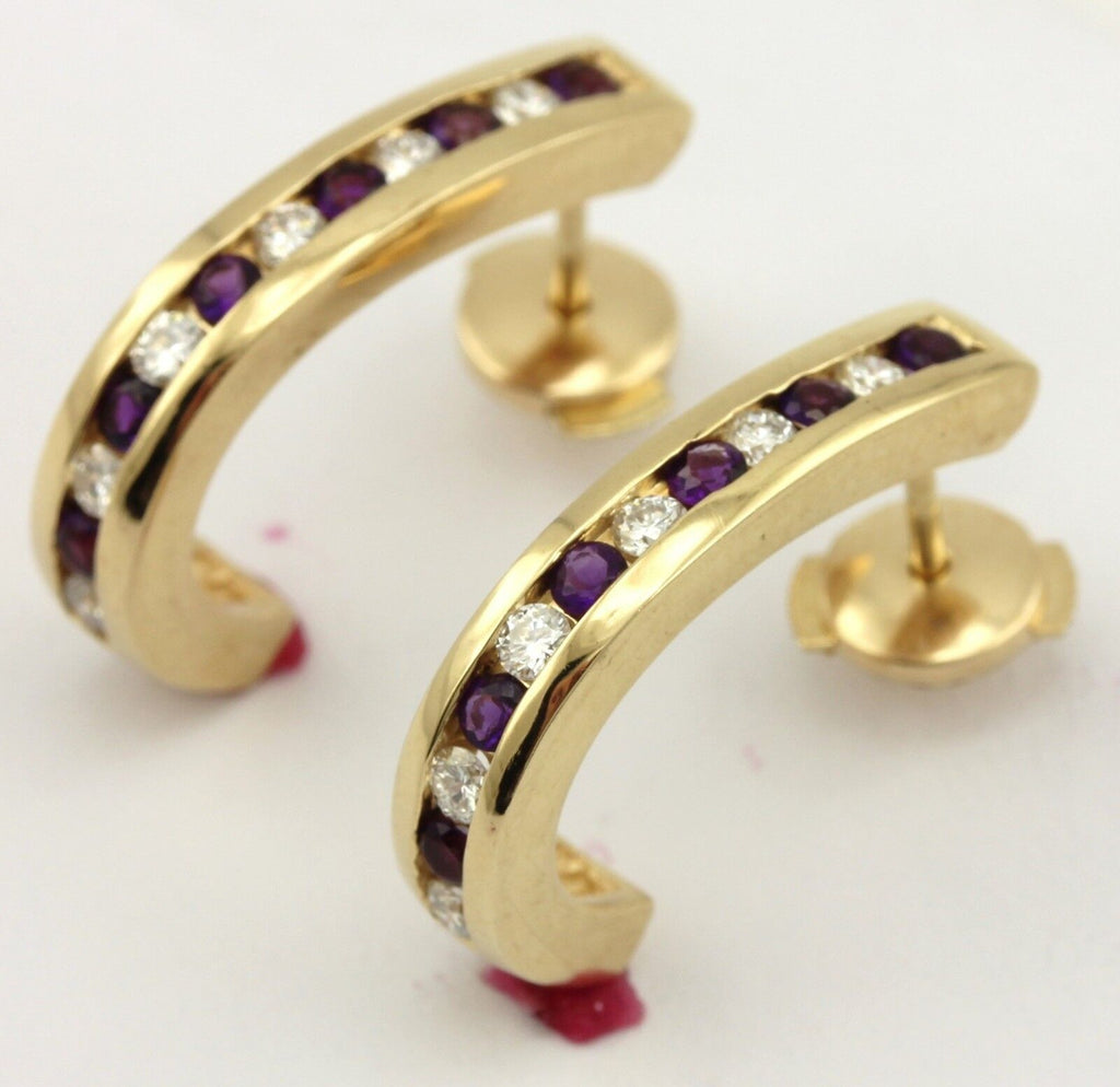 14k yellow gold round diamond amethyst 0.72ctw half-hoop huggie earrings estate
