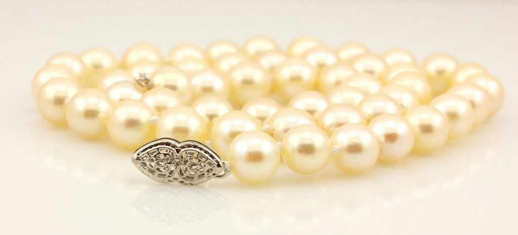 16" cultured pearl necklace 7-7.5mm round cream 14k white gold heart clasp NEW