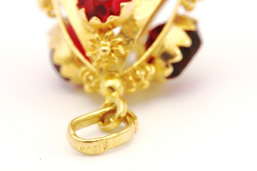 750 18k yellow gold 8.5x6.5mm oval red glass charm pendant vintage 6.62g
