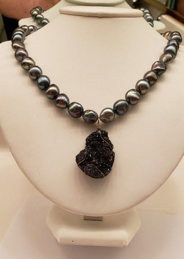 Black Baroque Pearl and Natural Geode Drusy pendant necklace, 19" 20" 21" 22"