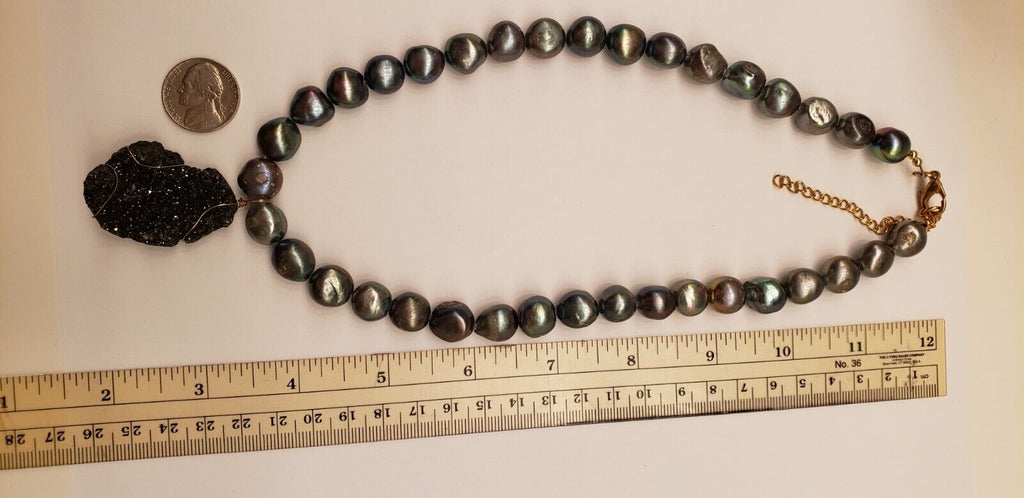 Black Baroque Pearl and Natural Geode Drusy pendant necklace, 19" 20" 21" 22"