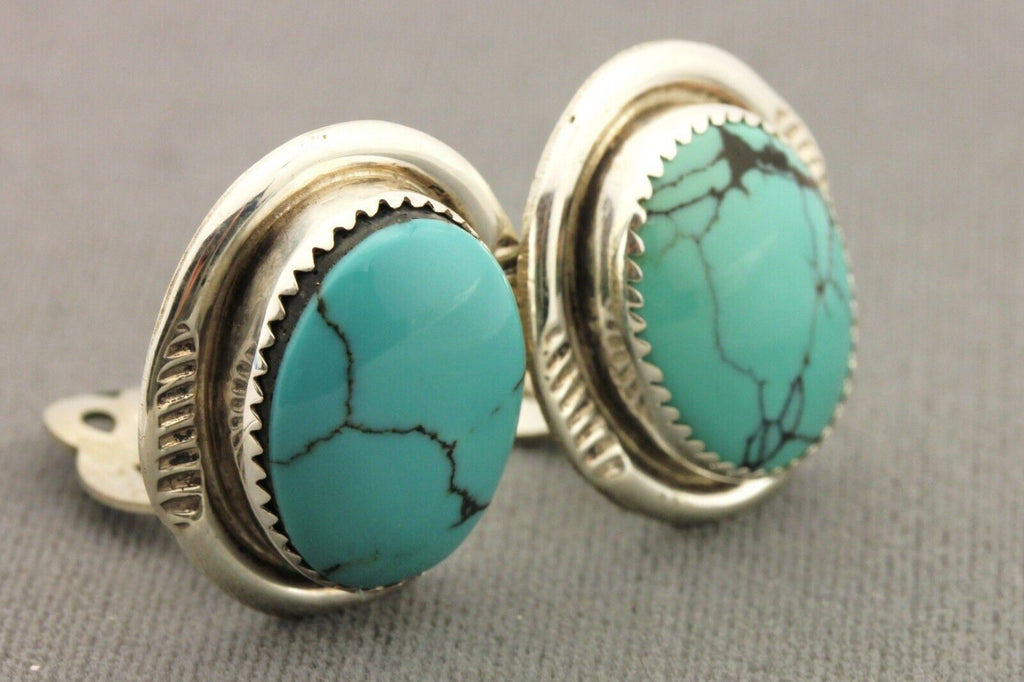 sterling silver natural turquoise spiderweb matrix clip on earrings 12.6g 30ctw