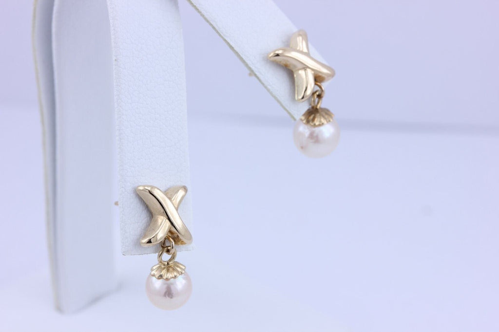 14k yellow gold X 28mm dangle earrings 6.3 - 6.6 mm round cultured pearls estate